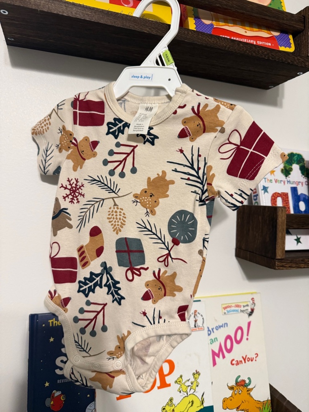 H&M Cream Holiday Print Baby Bodysuit with Red & Green Accents